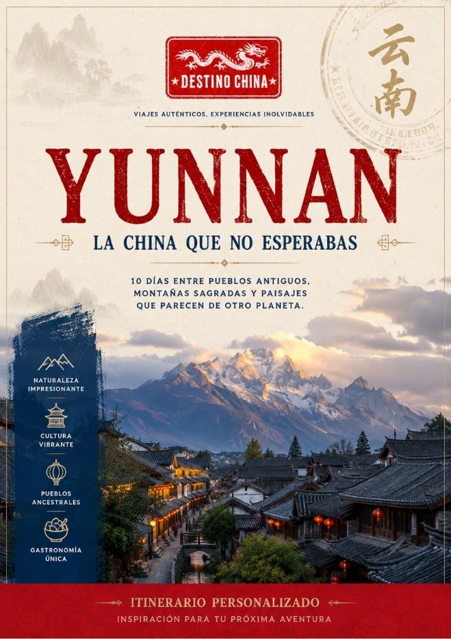 cartel de itinerario de Yunnan con el logo y una montañá con nieve